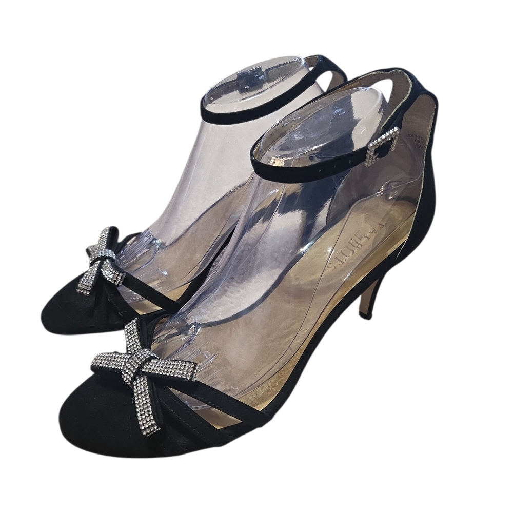 Talbots New Erica Ankle Strap Suede Black Rhinestone Bow Ankle-Strap Heels SZ 9M
